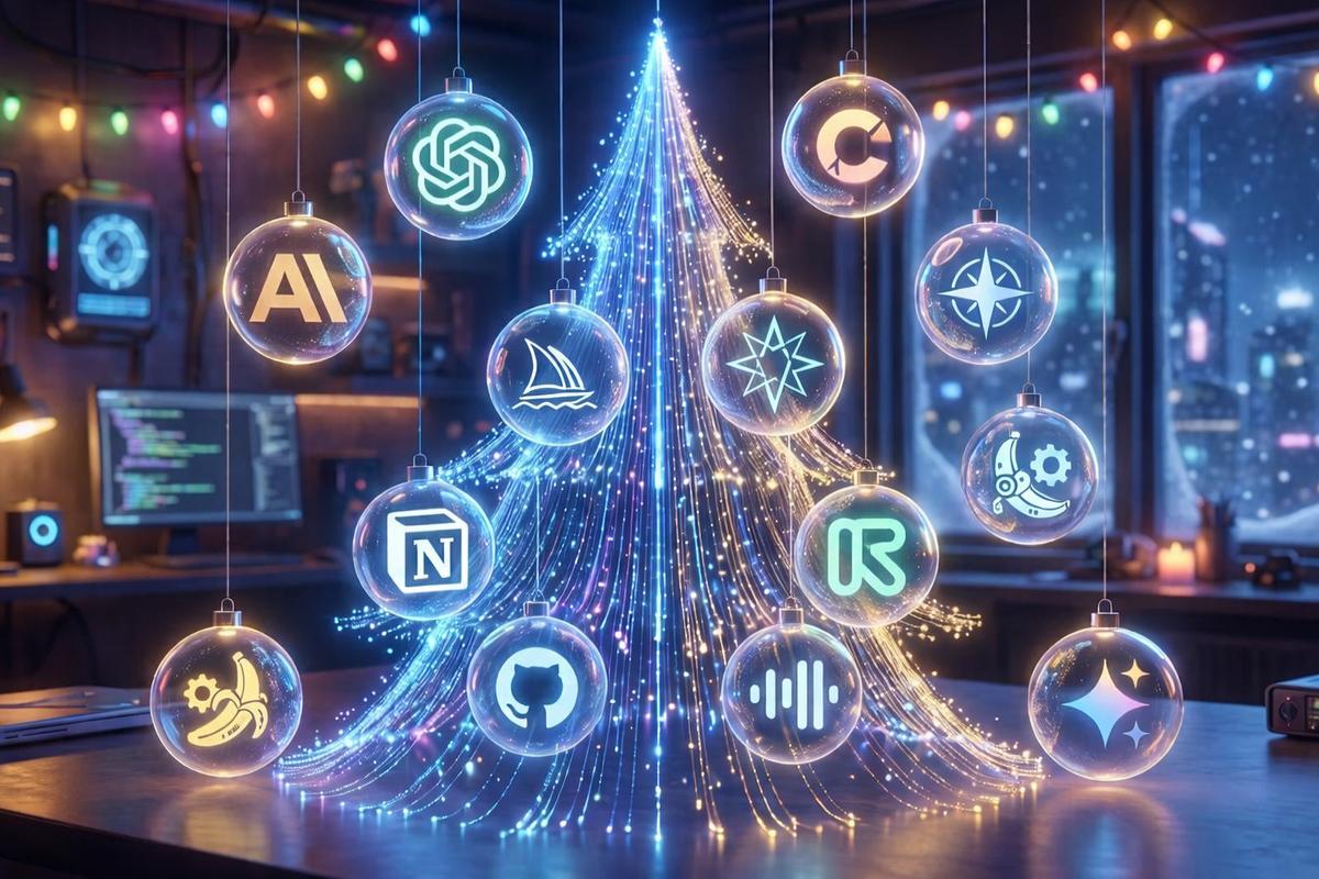 High-tech Christmas tree with ornaments representing AI tool logos like ChatGPT, Midjourney and Notion - AI subscription gifts 2025