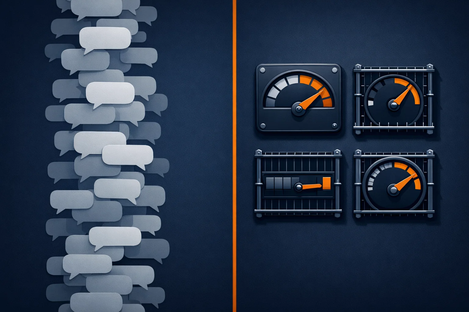 An endless stream of text messages on one side, capped tool meters on the other