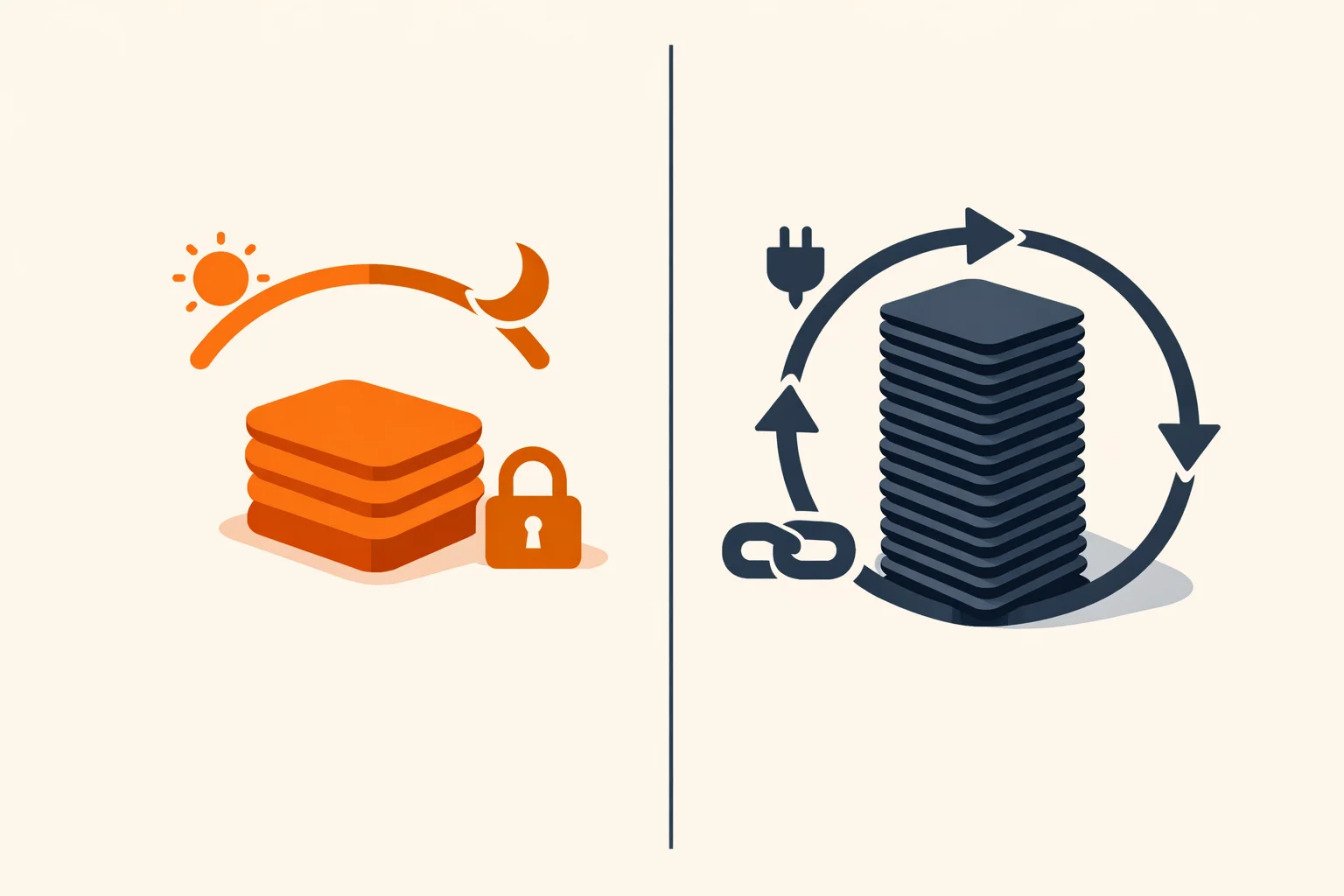 On the left three tasks under a day-night arc with a padlock, on the right a stack of tasks looping and linked to apps