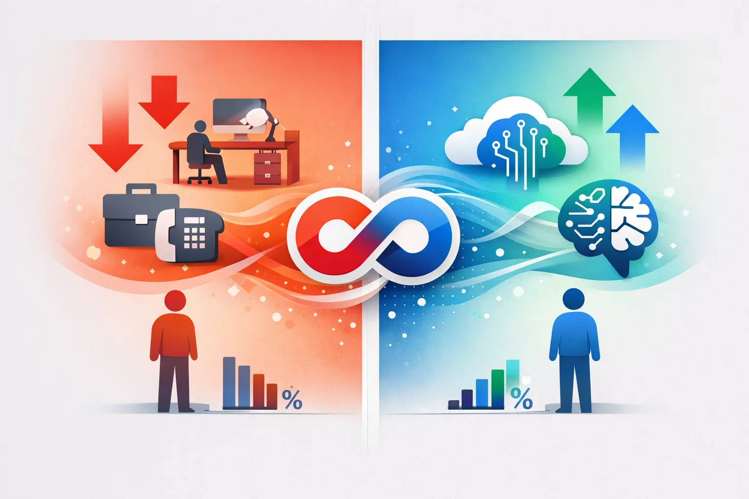 Infographic showing AI's dual impact on employment: destruction and creation