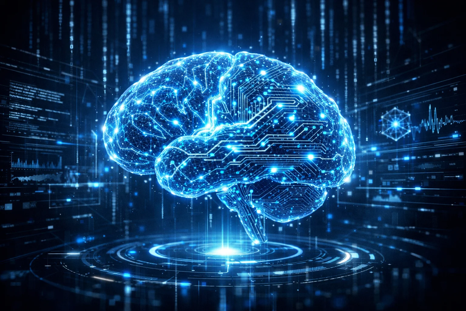Artificial intelligence: conceptual illustration showing neural networks and digital circuits