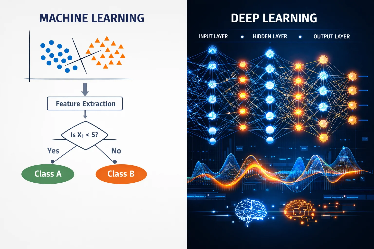Visual comparison between Machine Learning and Deep Learning with neural networks