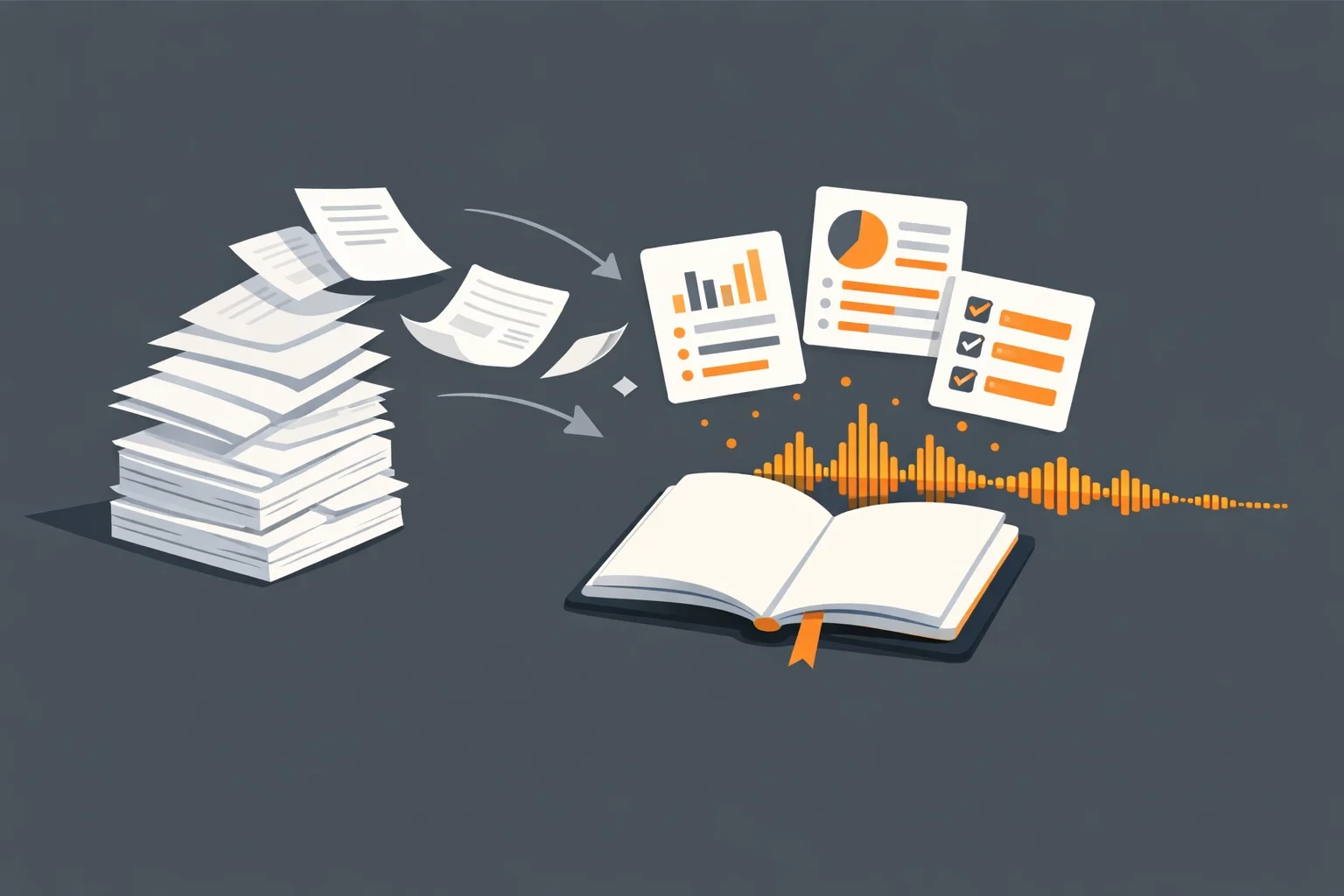 Documents flowing into an open notebook that produces summary cards and an audio waveform