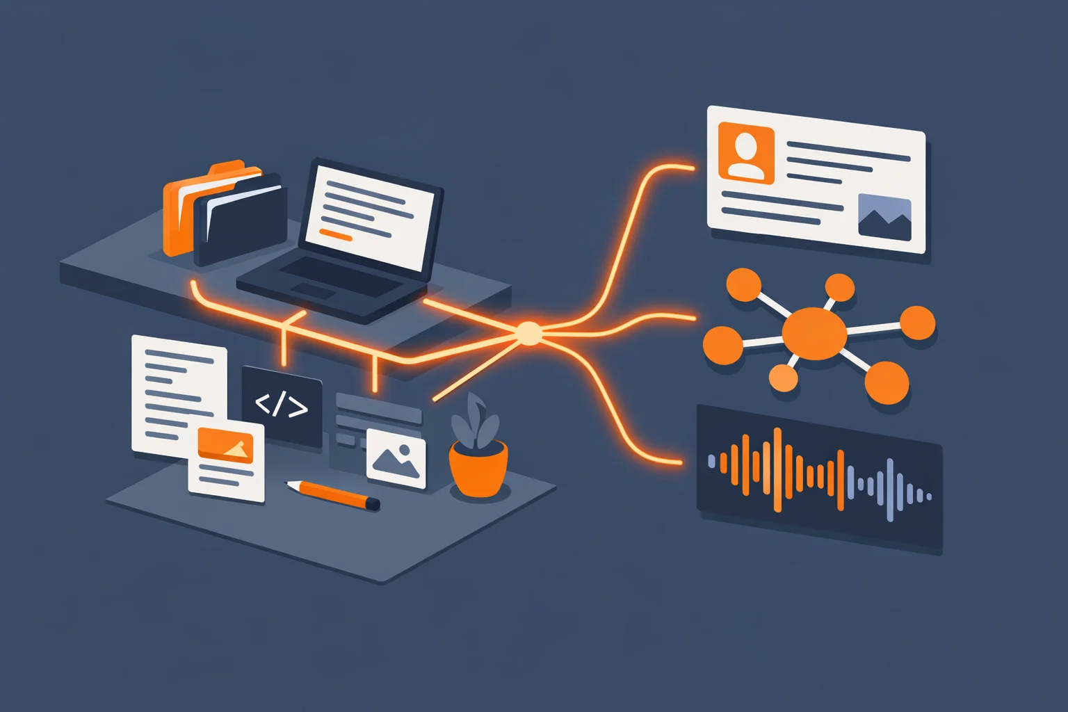 Isometric diagram: source files connected to three output formats, a summary card, a mind map and an audio wave